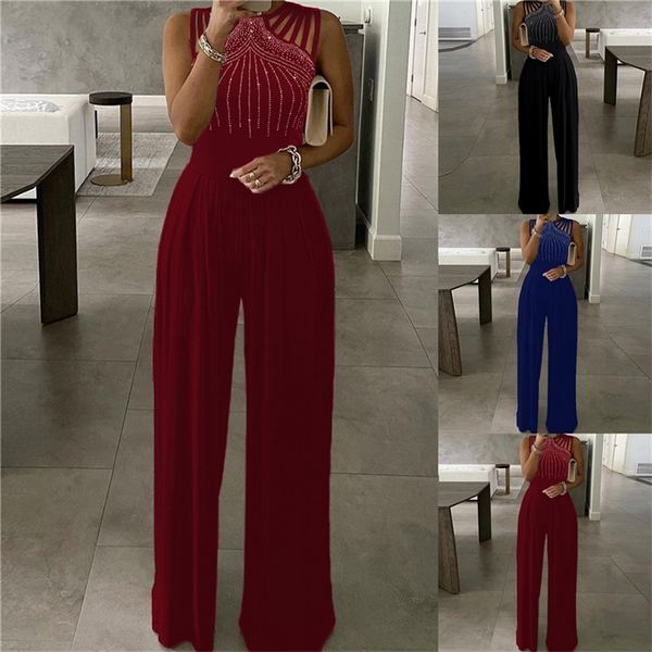 

summer party wear clothes women's studded cutout ruched wide leg jumpsuit casual sleeveless long pants 220513, Black;white