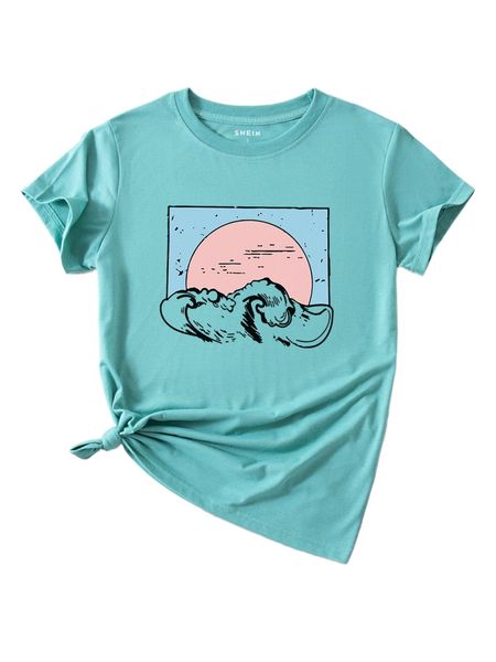 

wave print round neck tee o7ja#, White