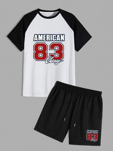 

men number and letter graphic raglan sleeve tee with shorts 87dd#, Gray