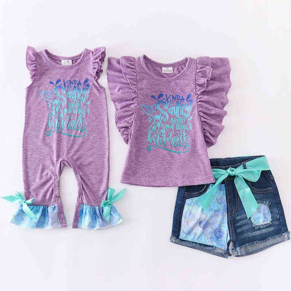 Girlymax İlkbahar Yaz Kardeş Bebek Kız Mermaid Ayçiçeği İnek Ruffles Denim Kot Şort Set Romper Çocuk Giyim AA220326