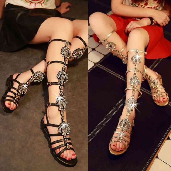 

boots women's open gladiator sandals summer shoes botas mujer low heel crystal cut knee height, Black