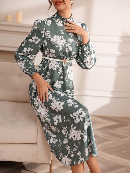 

floral print shirred neck a-line dress without belt 41vu#, Black;gray