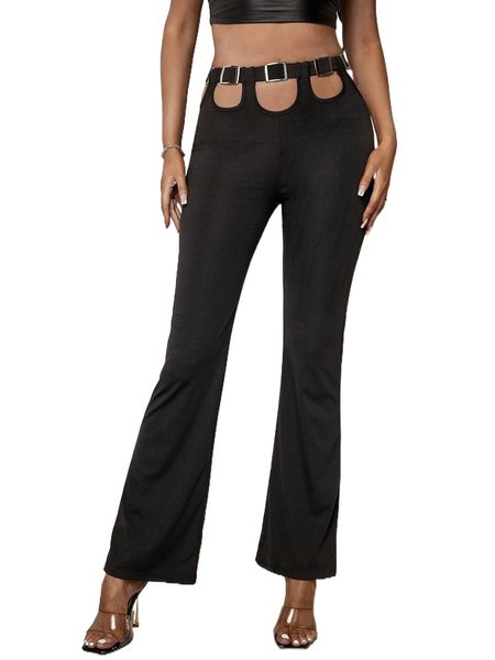 

cutout buckle waist flare leg pants f7xs#, Black;white