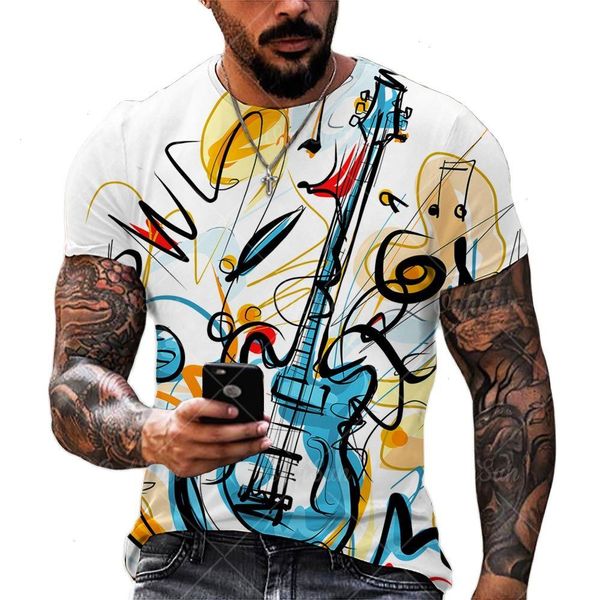 Tirina de guitarra de música da moda 3d impressão masculina pescoço redondo de manga curta masculino masculino tops soltos camisetas 6xl