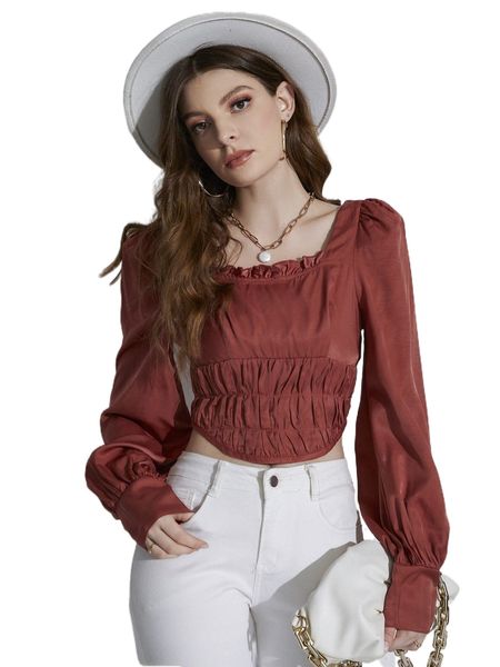 

frill trim ruched curved hem satin blouse o0cx#, White