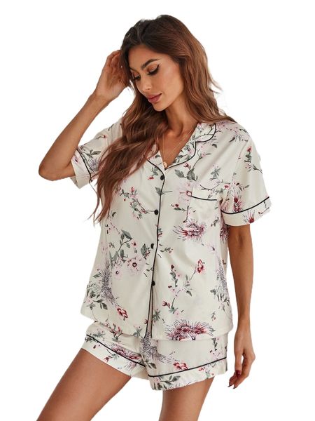 

floral contrast piping pajama set w2ka#, Black;red