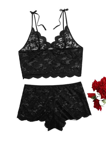 

plus floral lace tie shoulder lingerie set b0hd#, Black;white