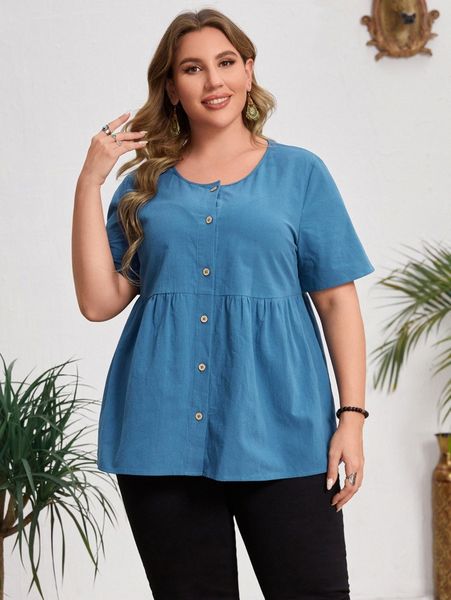 

emery rose plus ruffle hem button front peplum blouse y8rp#, Black