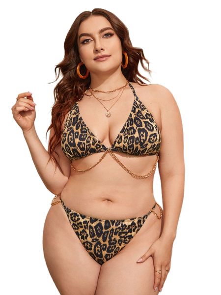 

plus leopard chain detail halter triangle thong bikini swimsuit o8rq#, White;black