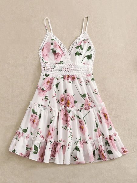 

floral print guipure lace panel tie back ruffle hem cami dress i51l#, Black;gray