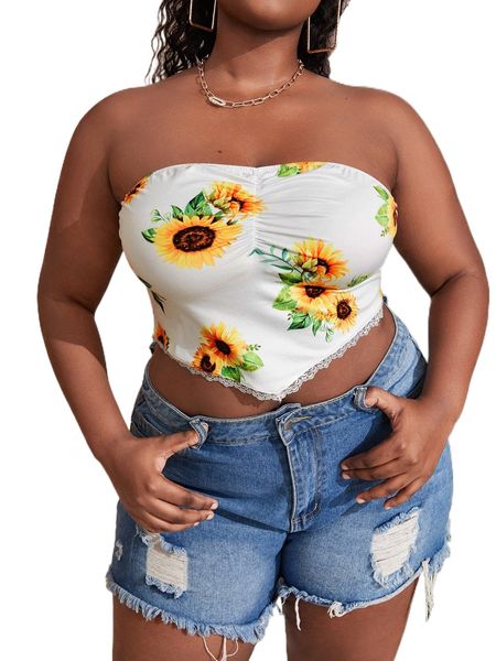 

plus sunflower print contrast lace ruched bandana hem crop tube c7hl#, Black