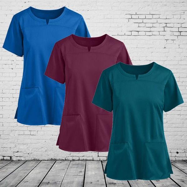 Женская футболка для кормящих женщин Блузка с v-образным вырезом и карманом Униформа Футболка с коротким рукавом Сплошной цвет Скрабы Рабочая повседневная женская одежда