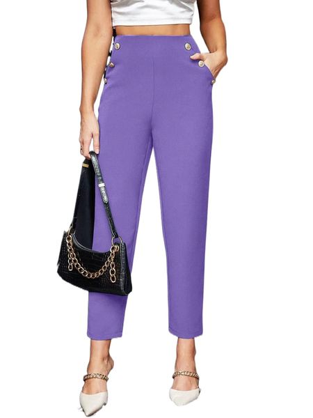 

high waist fake button slant pockets pants 923o#, Black;white