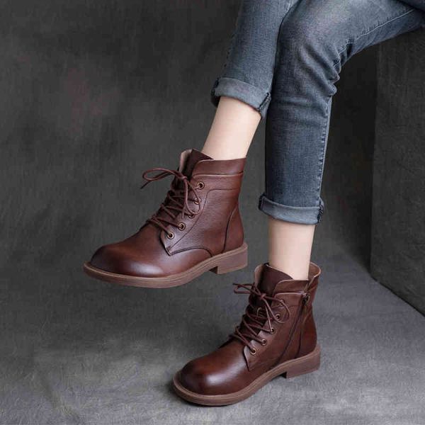 

boots autumn winter handsome british cowhide round head side zipper flat heel short boots lace up middle martin k6ur, Black