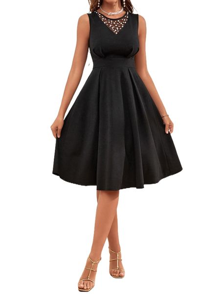 

solid contrast mesh pearl beaded dress q3rp#, Black;gray