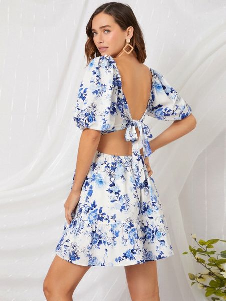 

floral print shirred tie backless ruffle hem dress 54xc#, Black;gray