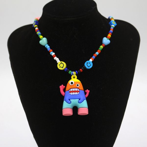 

european and american glass beads necklace amazon ornament hip hop smiley face mushroom personality monster pendant female, Silver