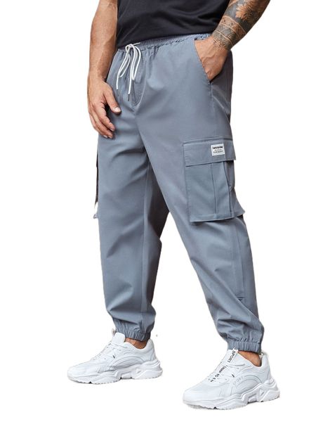 

extended sizes men letter patched flap pocket cargo pants 26ou#, Black