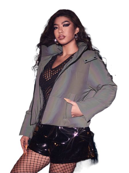 

plus holographic 3d patched hooded puffer coat k838#, Black