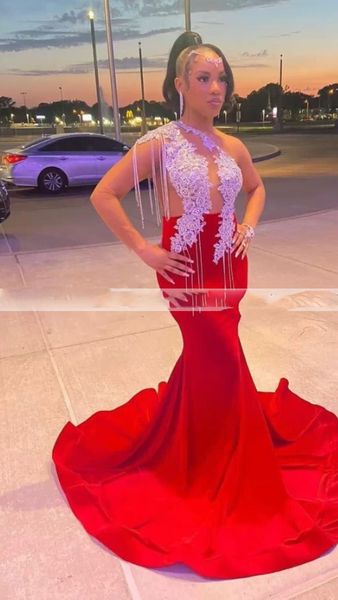 

red mermaid prom dresses 2022 one shoulder appliques beads tassel illusion bodice long formal evening party gowns, Black