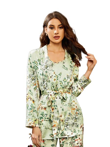 

floral print shawl collar belted robe m2cs#, Black;red