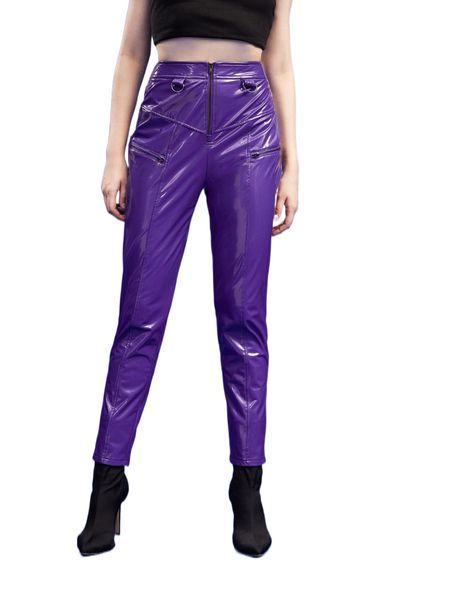 

x geanina d-ring detail zipper fly patent pants v1km#, Black;white