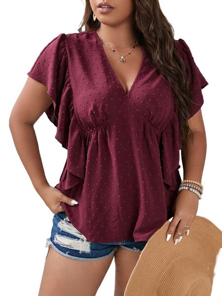 

plus swiss dot butterfly sleeve peplum blouse y8g2#, Black