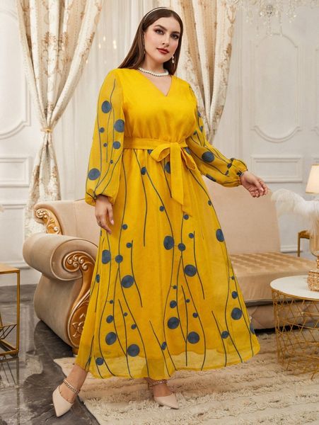 

plus polka dot embroidered lantern sleeve belted dress e2bs#, Black