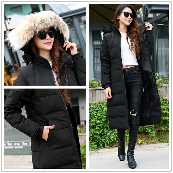 

womens winter outdoor leisure sports down jackets white duck windproof parker long leather collar cap warm real wolf fur jacket adventure wa, Black