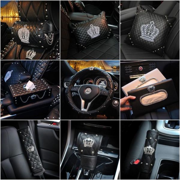 Coprisedili per auto Serie corona Accessori interni per ragazze Volante in pelle Visiera parasole Tiessue Box Cuscini Cinture di sicurezza Cambio auto