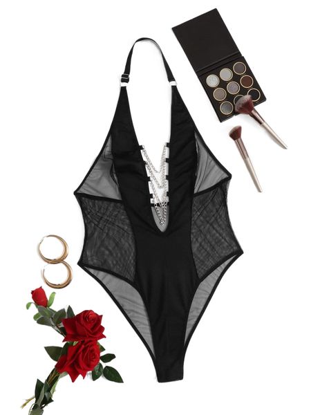 

plus contrast mesh chain linked teddy bodysuit i9j3#, Black;white