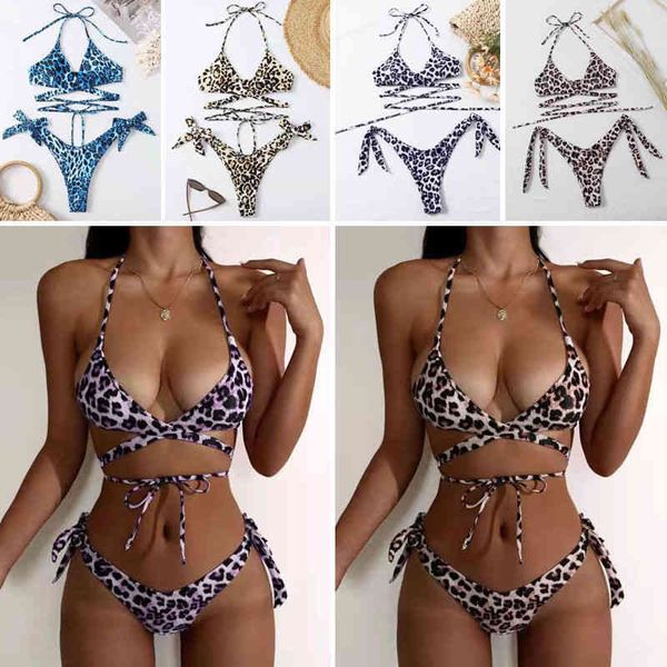 

designer beach thong fashion swimsuit bikini set european and american new bikini womens leopard print bandage lace up split summer mini swi, White;black