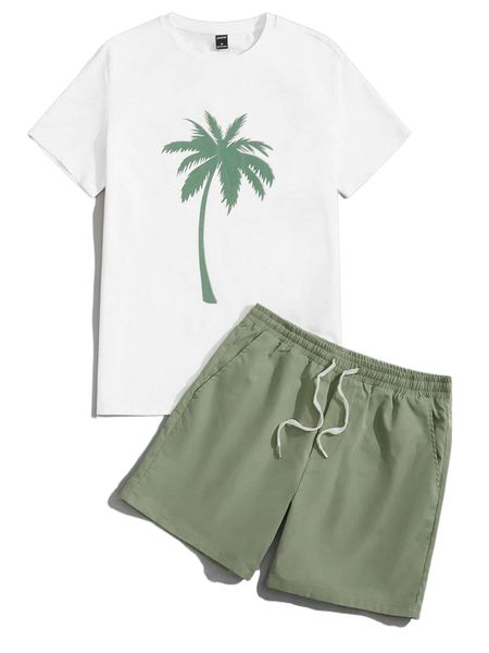 

men palm tree print tee & drawstring waist shorts e4qg#, Gray
