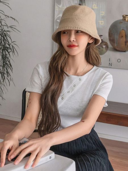 

dazy ribbed knit half button tee q1zj#, White