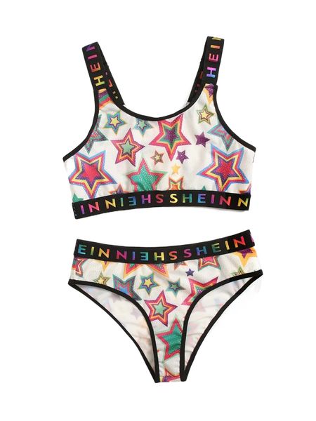 

plus star & letter graphic wireless lingerie set i5v9#, Black;white
