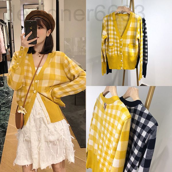 

women's knits & tees designer early spring tb four bar plaid loose v-neck plaid sweater men's and women's cardigan coat 8kvi, White