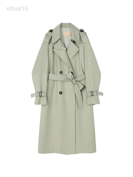 

green long women trench coat autumn winter turn down collar women clothes causal full sleeve belt trench l220725, Tan;black