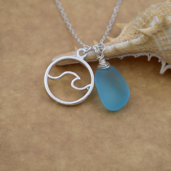 Anhänger Halsketten SanLan Wave Beach Blue Sea Glas Halskette Ozean Hochzeit Schmuck Geschenk für SieAnhänger