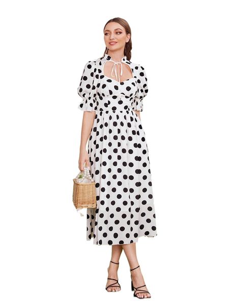 

polka dot print tie neck dress v9mw#, Black;gray