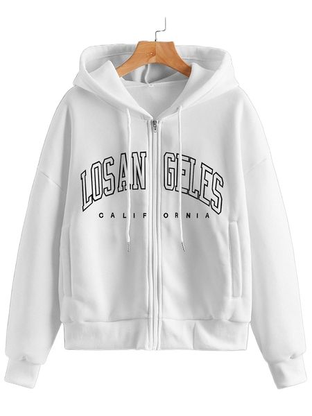 

letter graphic drop shoulder zipper drawstring thermal hoodie 01bp#, Black