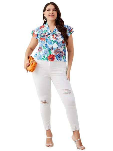 

plus floral tie neck blouse k1jo#, Black