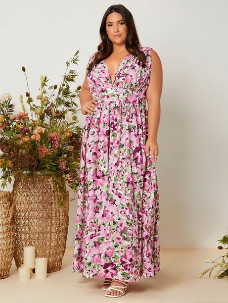 

plus allover floral print sleeveless ruched dress q475#, Black