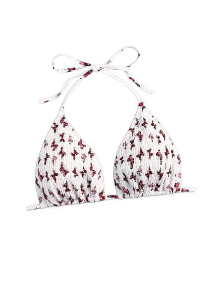 

plus butterfly smocked halter triangle bikini m40d#, Black