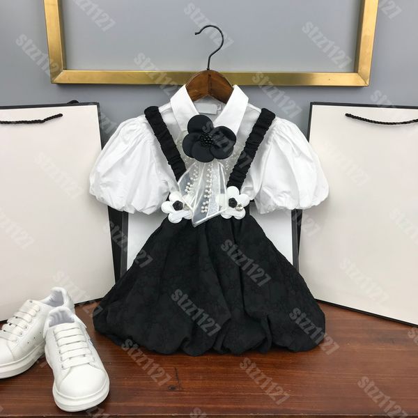 

designer girls dress shirt set 2 piece suit cotton shirts suspender skirt pants kids short sleeves flowers skirts girl dresses ch..el logo b, Red;yellow