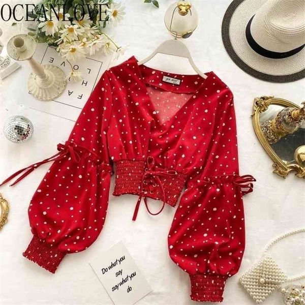 

oceanlove polka dot short women blouses and v neck bandage chic puff sleeve shirts spring korean blusas 13627 210326, White