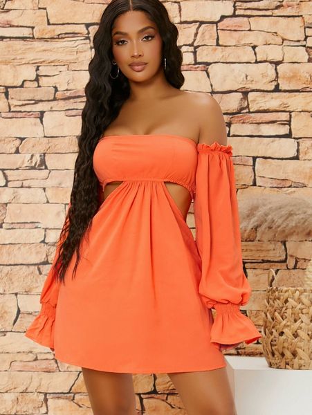 

neon orange off shoulder flounce sleeve cutout waist dress m8zb#, Black;gray