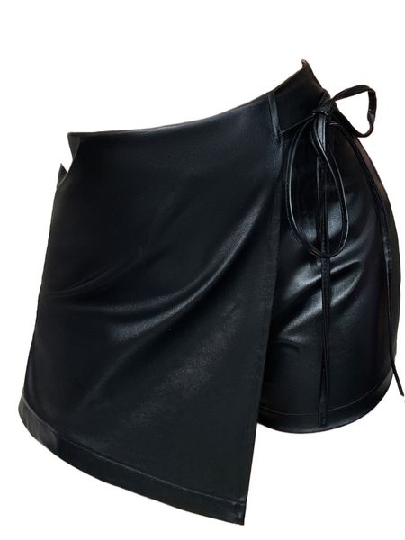 

knot side wrap pu leather skort 62oq#, White;black