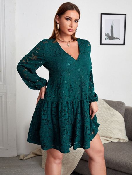 

plus lantern sleeve ruffle hem lace overlay dress 22ze#, Black