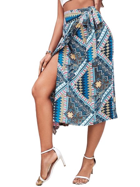 

random scarf print knot side wrap skirt r6gy#, Black
