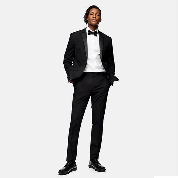 Siyah Slim Fit Erkek Suit Çentikli Yaka Blazers Düğün Erkek Smokin Bir Düğme Damat Giyim 2 Parça Set Balo Ceket ve Pantolon